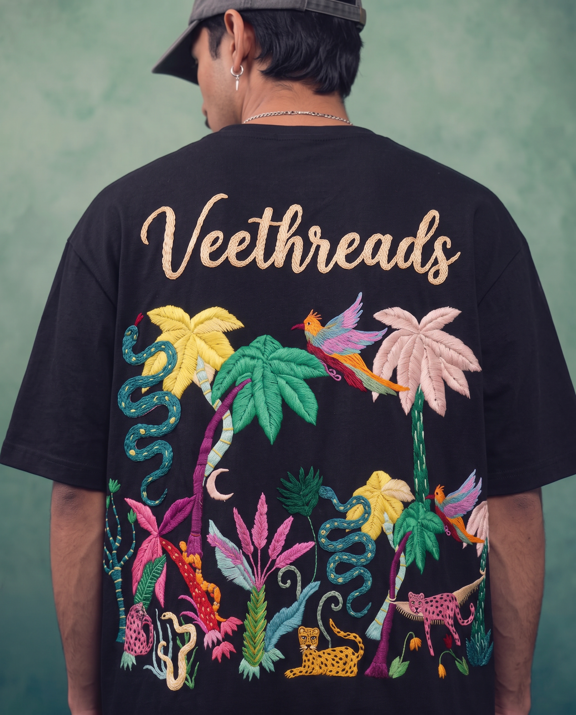Night Jungle Hand Embroidered Oversized T-Shirt, Black
