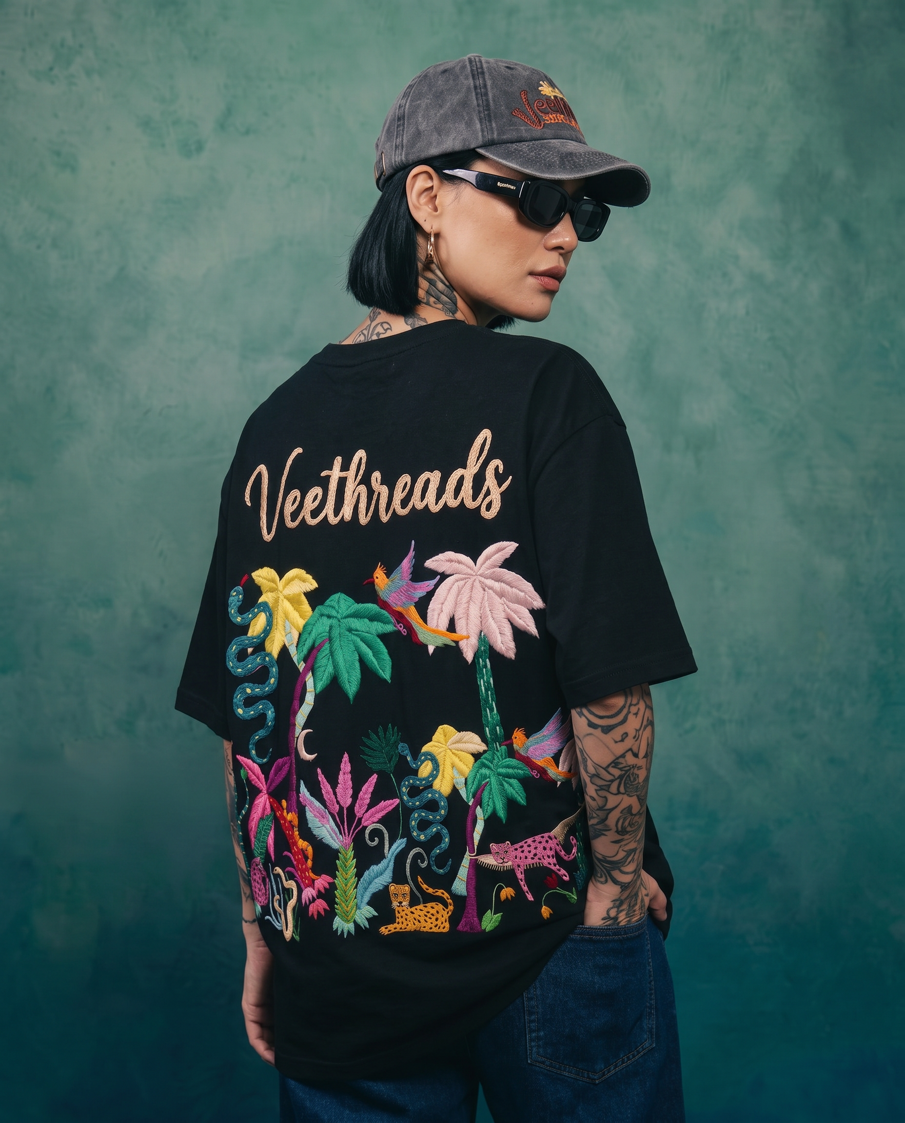 Night Jungle Hand Embroidered Oversized T-Shirt, Black