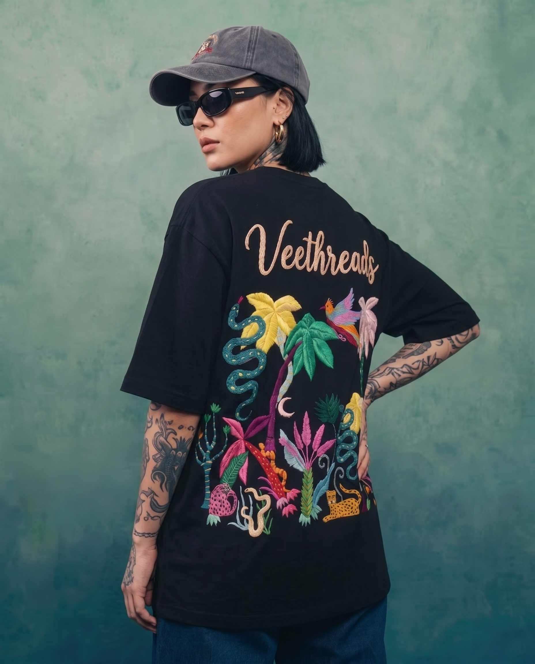 Night Jungle Hand Embroidered Oversized T-Shirt, Black