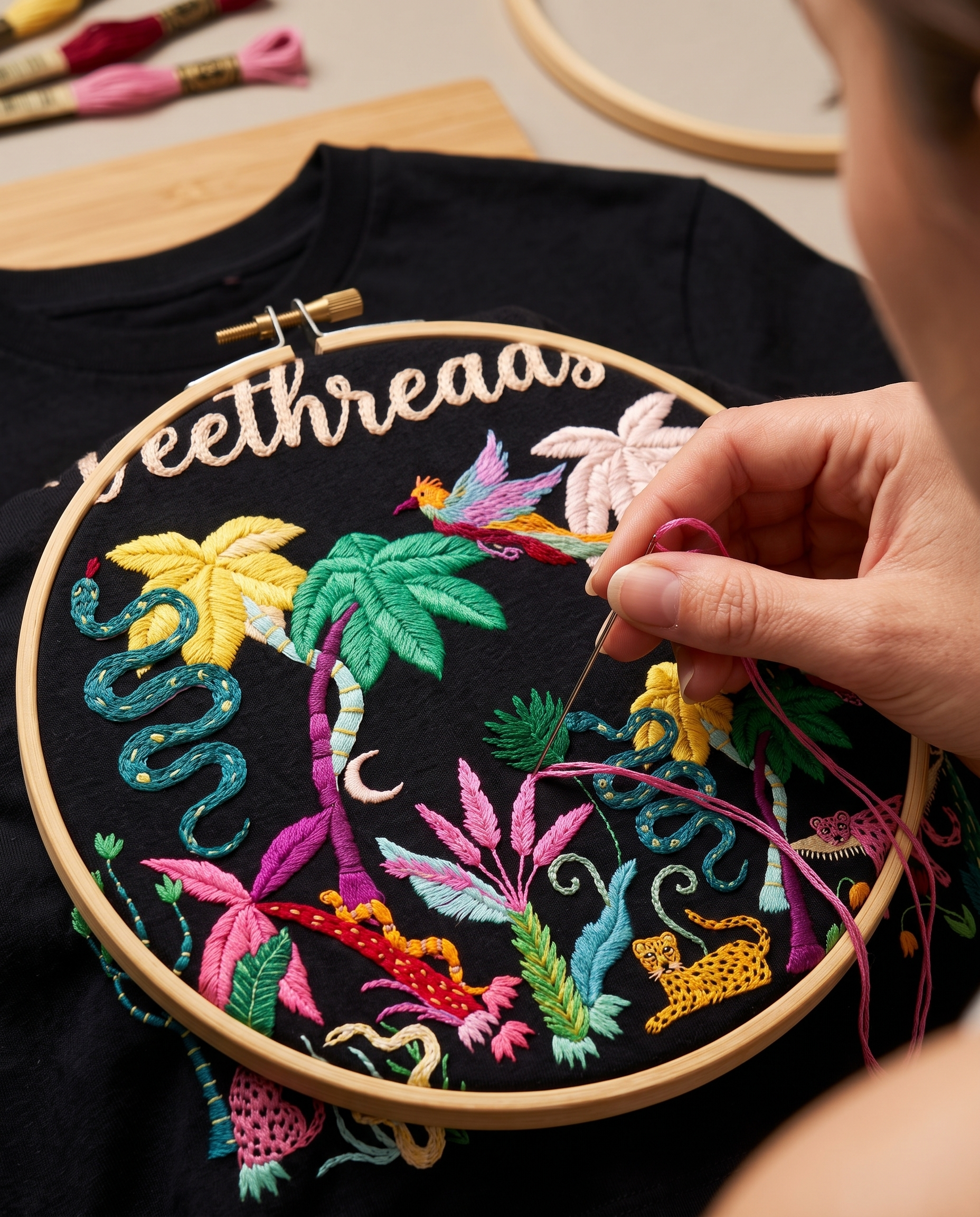 A close-up of a person's hand embroidering a colorful tropical design onto a black T-shirt inside a wooden hoop. The embroidery includes palm trees, birds, and the word 'beethreads' in cream thread.