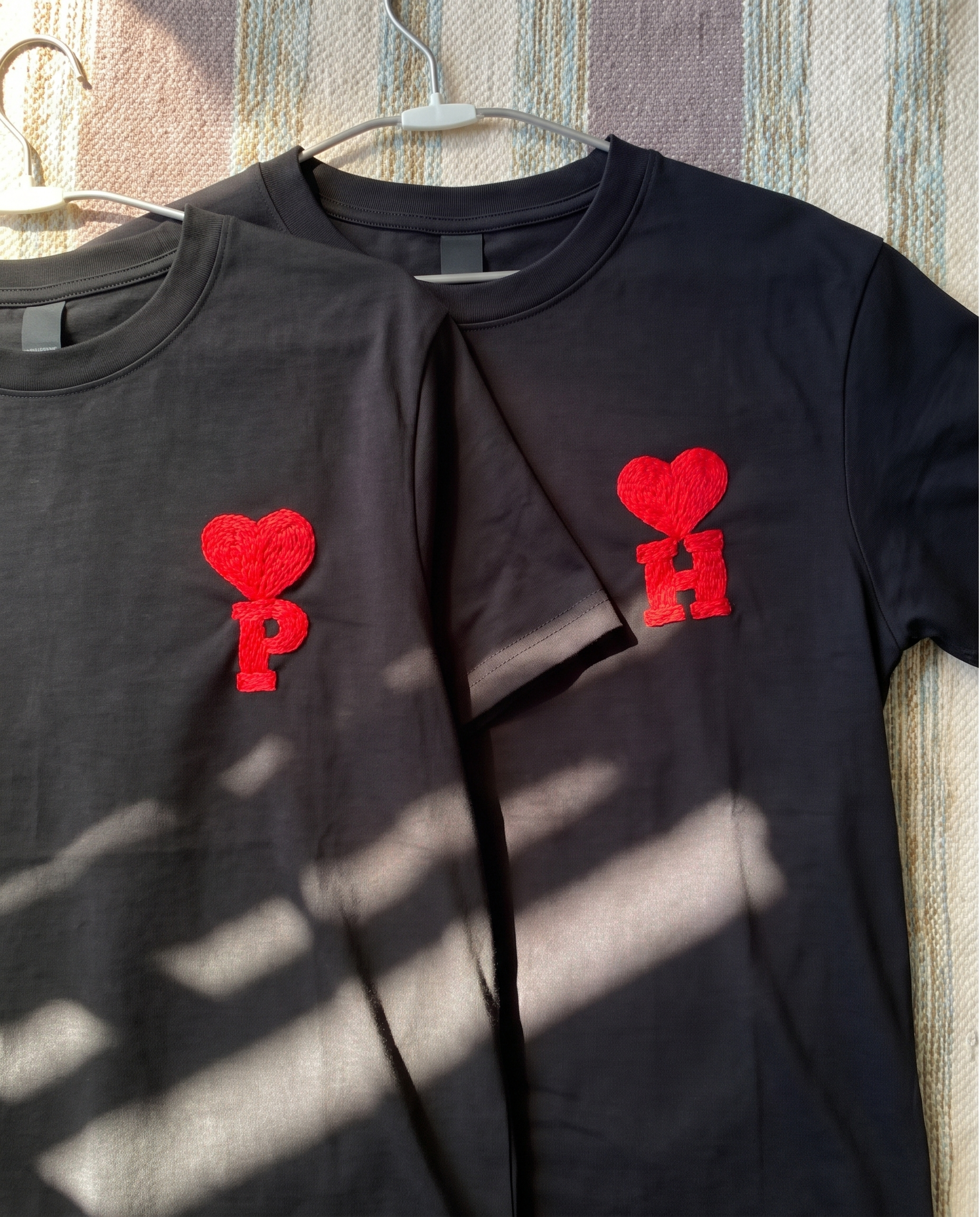 Heart Initial Hand Embroidered T-Shirt, Black & White
