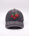 Washed black cotton baseball cap with three hand-embroidered strawberries on the front panel