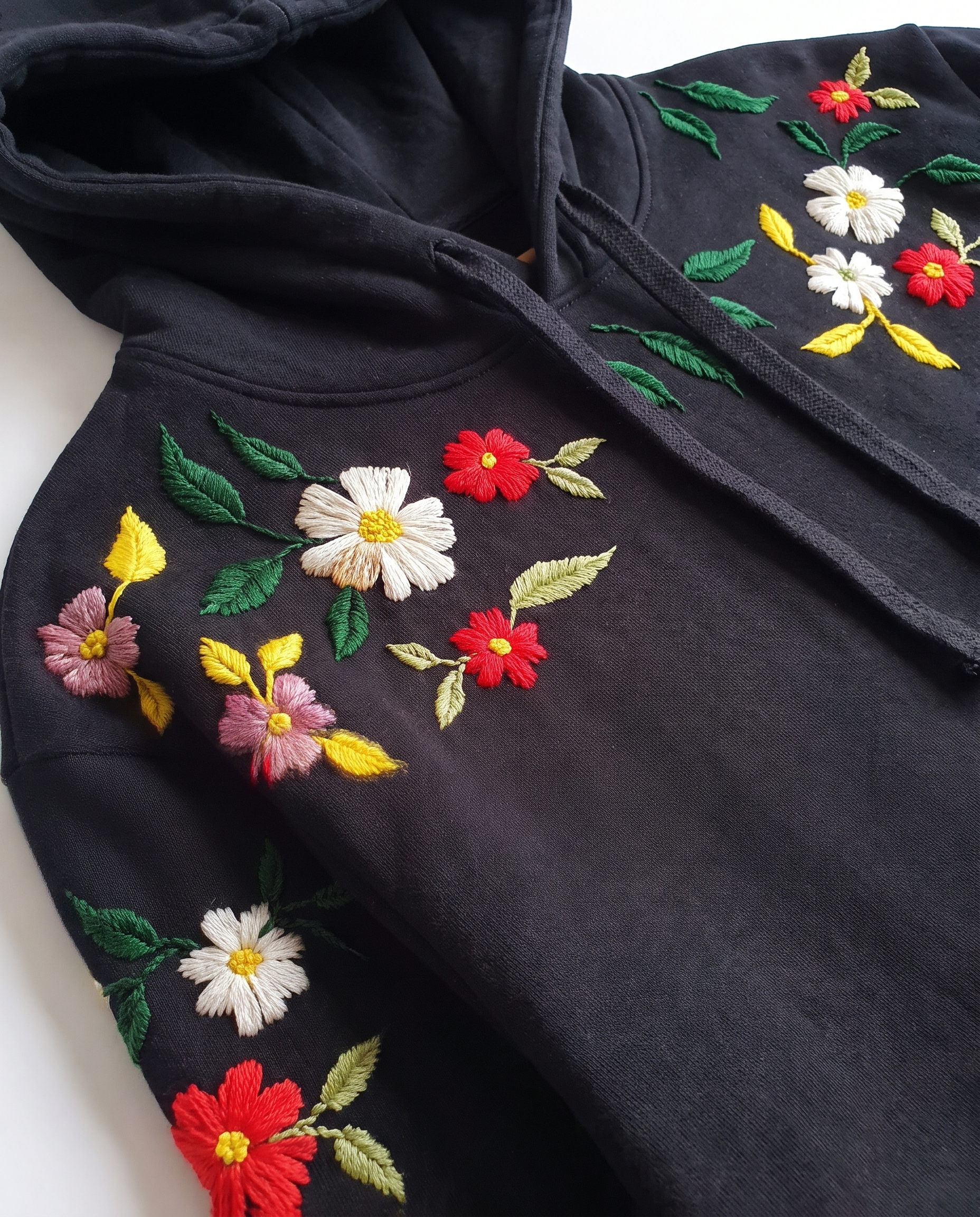 Close view of hand-embroidered cream daisies, red flowers and green leaves on the shoulder and sleeve of a black hoodie