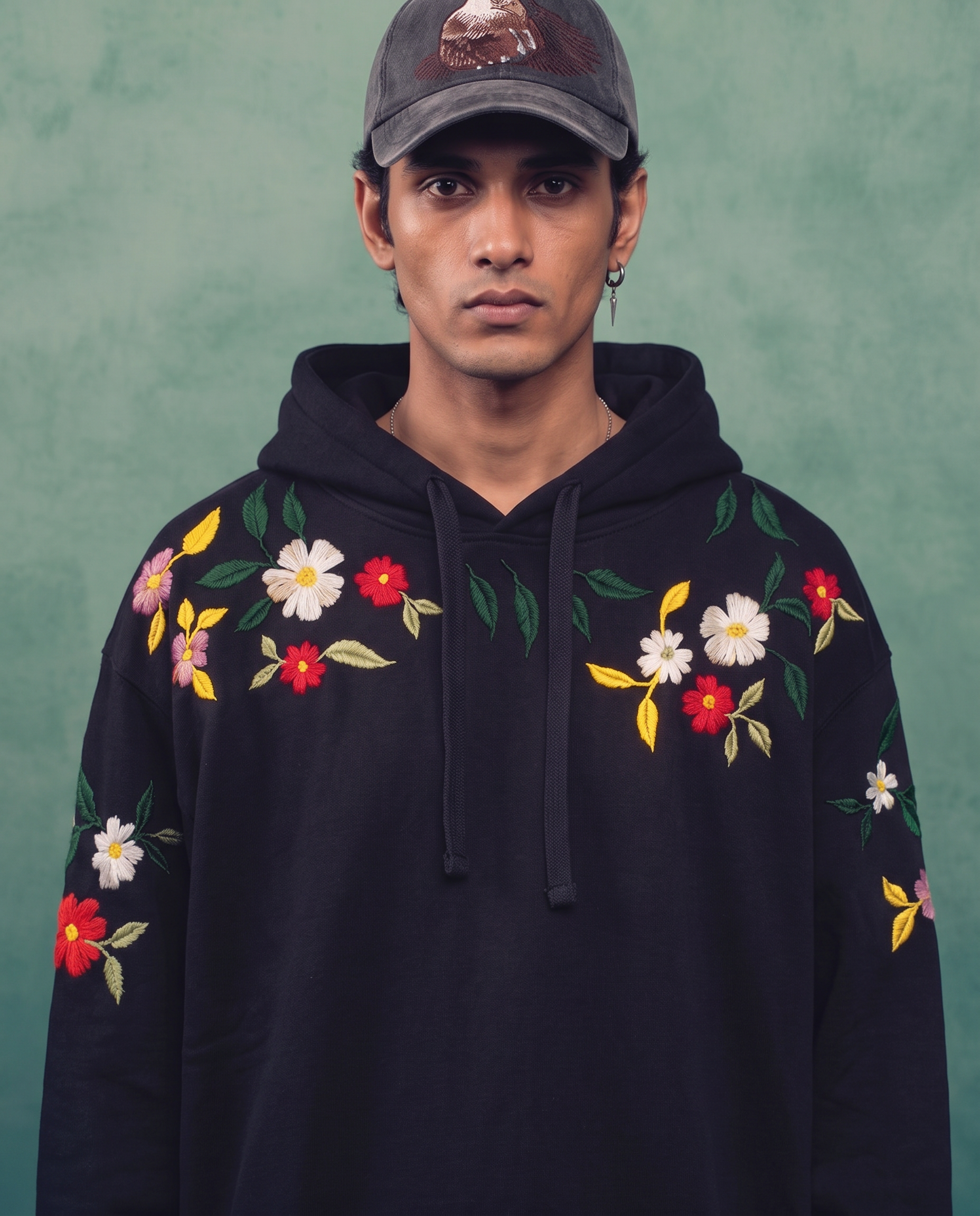 Close front view of the hand-embroidered floral yoke across the chest and shoulders of the black hoodie