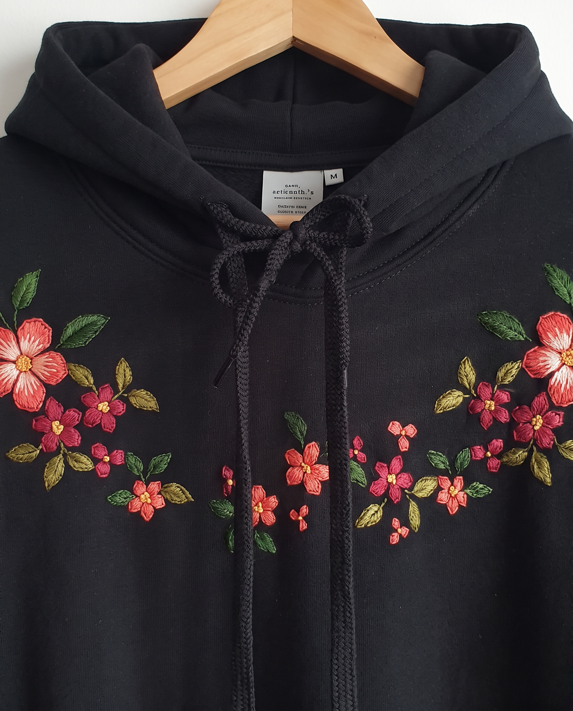 Close view of hand-embroidered coral and magenta blossoms curving around the neckline of a black hoodie