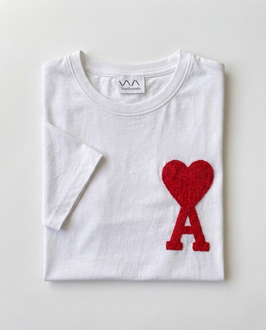 Heart Initial Hand Embroidered T-Shirt, Black & White