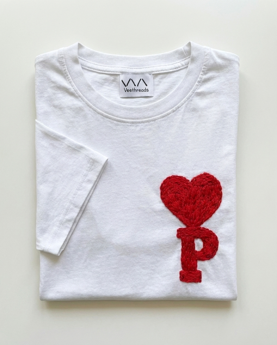 Heart Initial Hand Embroidered T-Shirt, Black & White