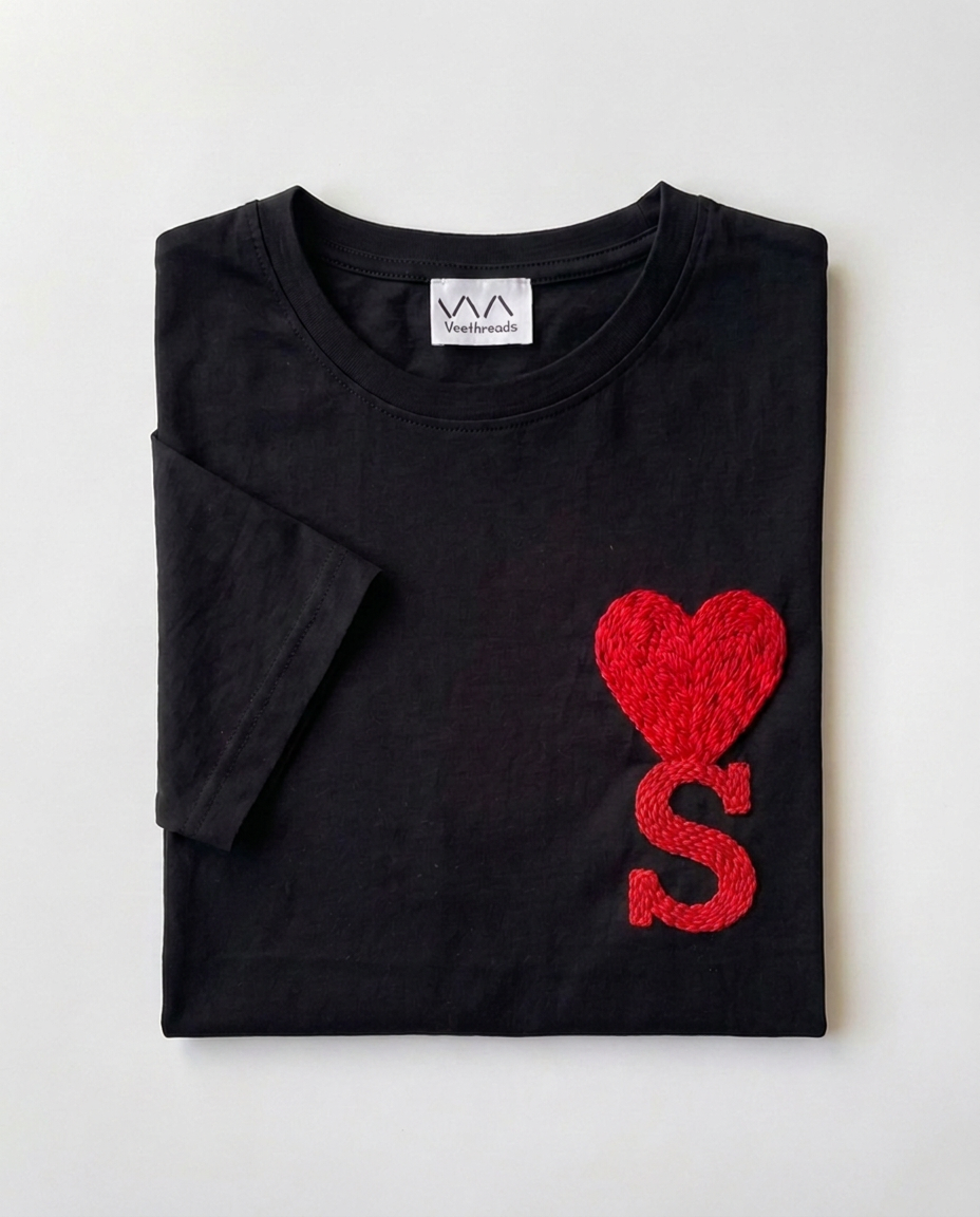 Heart Initial Hand Embroidered T-Shirt, Black & White
