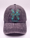 Pisces zodiac cap, sea green fish glyph hand-embroidered on charcoal acid-wash denim