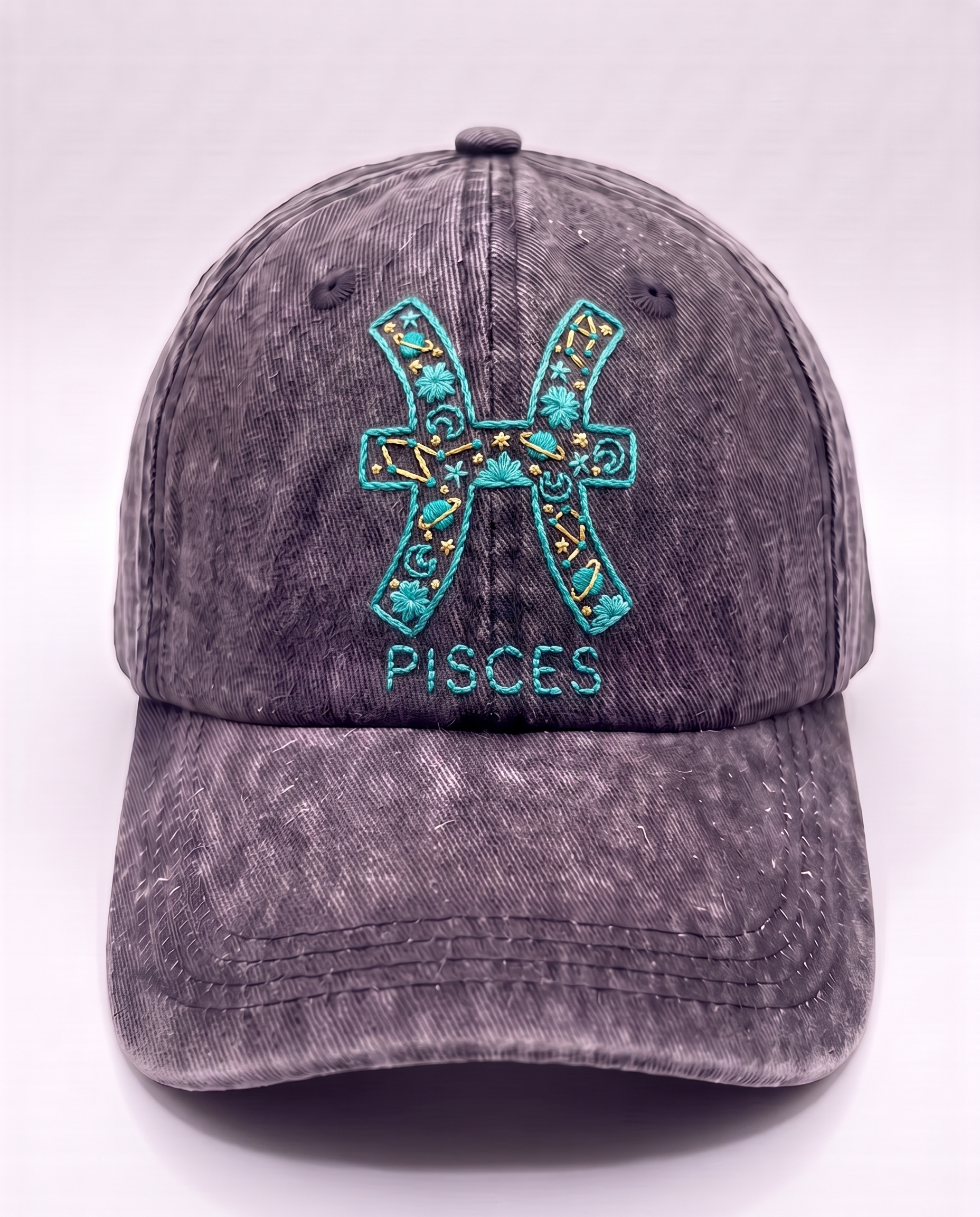 Pisces zodiac cap, sea green fish glyph hand-embroidered on charcoal acid-wash denim