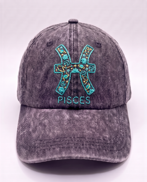 Pisces zodiac cap, sea green fish glyph hand-embroidered on charcoal acid-wash denim