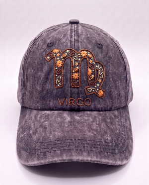 Virgo zodiac cap, rust brown maiden glyph hand-embroidered on charcoal acid-wash denim