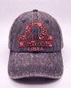 Libra zodiac cap, coral scales glyph hand-embroidered with gold stars on acid-wash denim