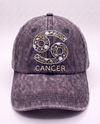 Cancer zodiac cap, silver crab glyph hand-embroidered with gold stars on acid-wash denim