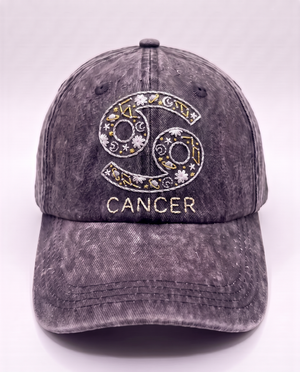 Cancer zodiac cap, silver crab glyph hand-embroidered with gold stars on acid-wash denim
