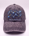 Aquarius zodiac cap, navy and gold waves hand-embroidered on charcoal acid-wash denim