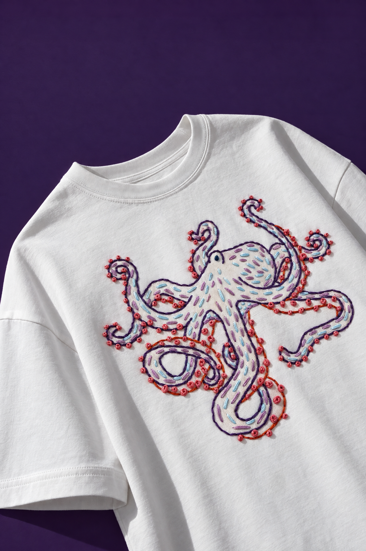 Back of a white 220 GSM cotton t-shirt with a curling hand-embroidered octopus