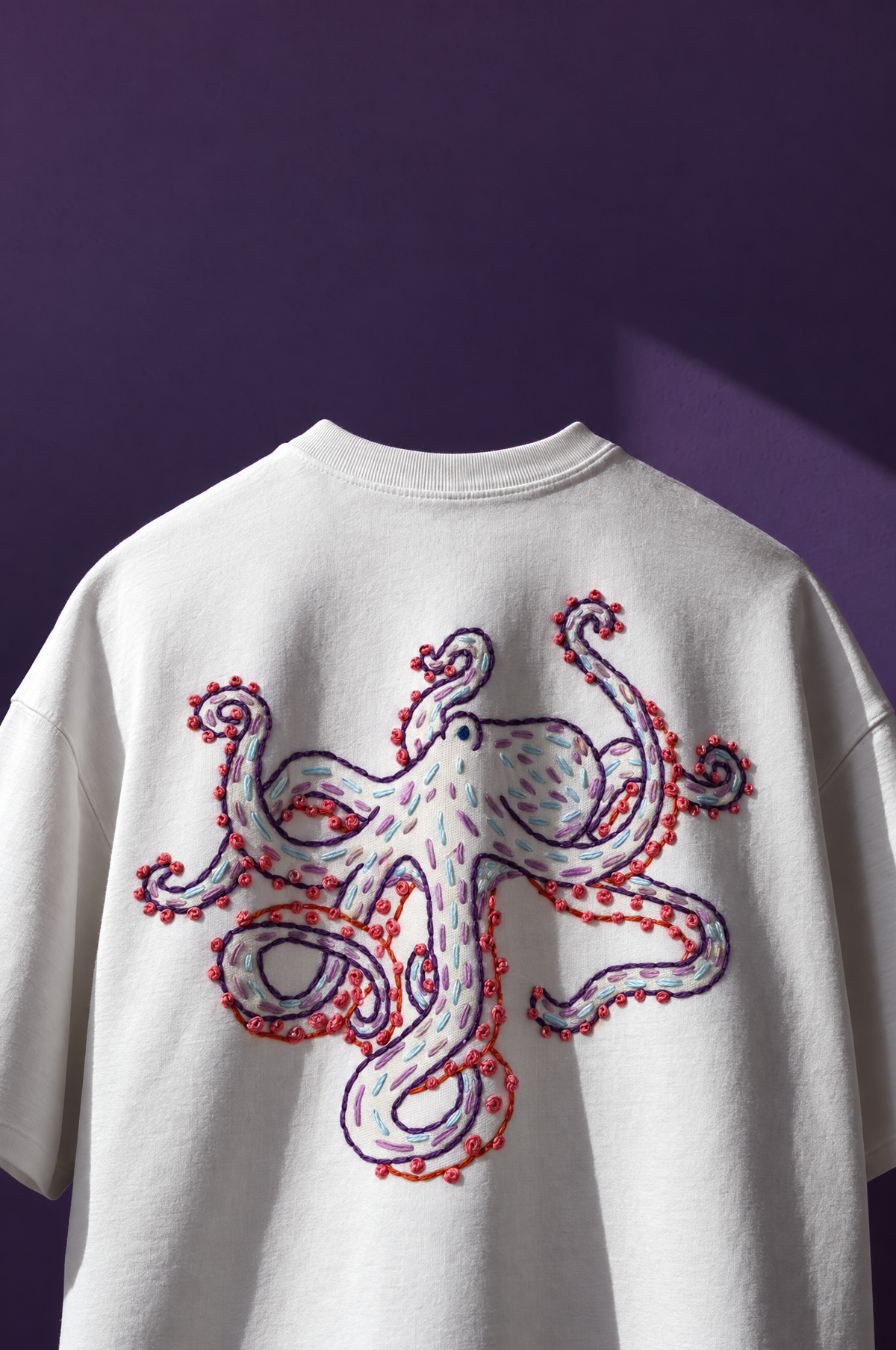 Octopus hand-embroidered oversized t-shirt in white with a large octopus stitched across the back