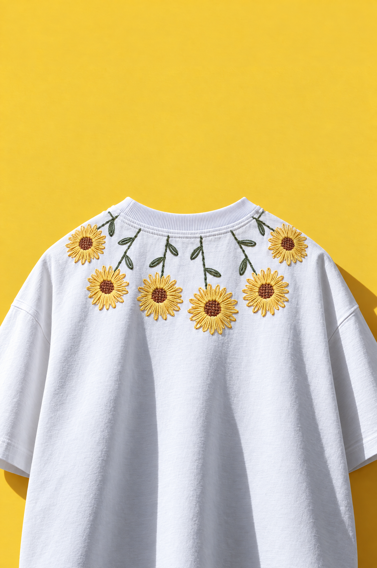 Sunflower necklace hand-embroidered t-shirt in white with eight sunflowers hanging from the neckline