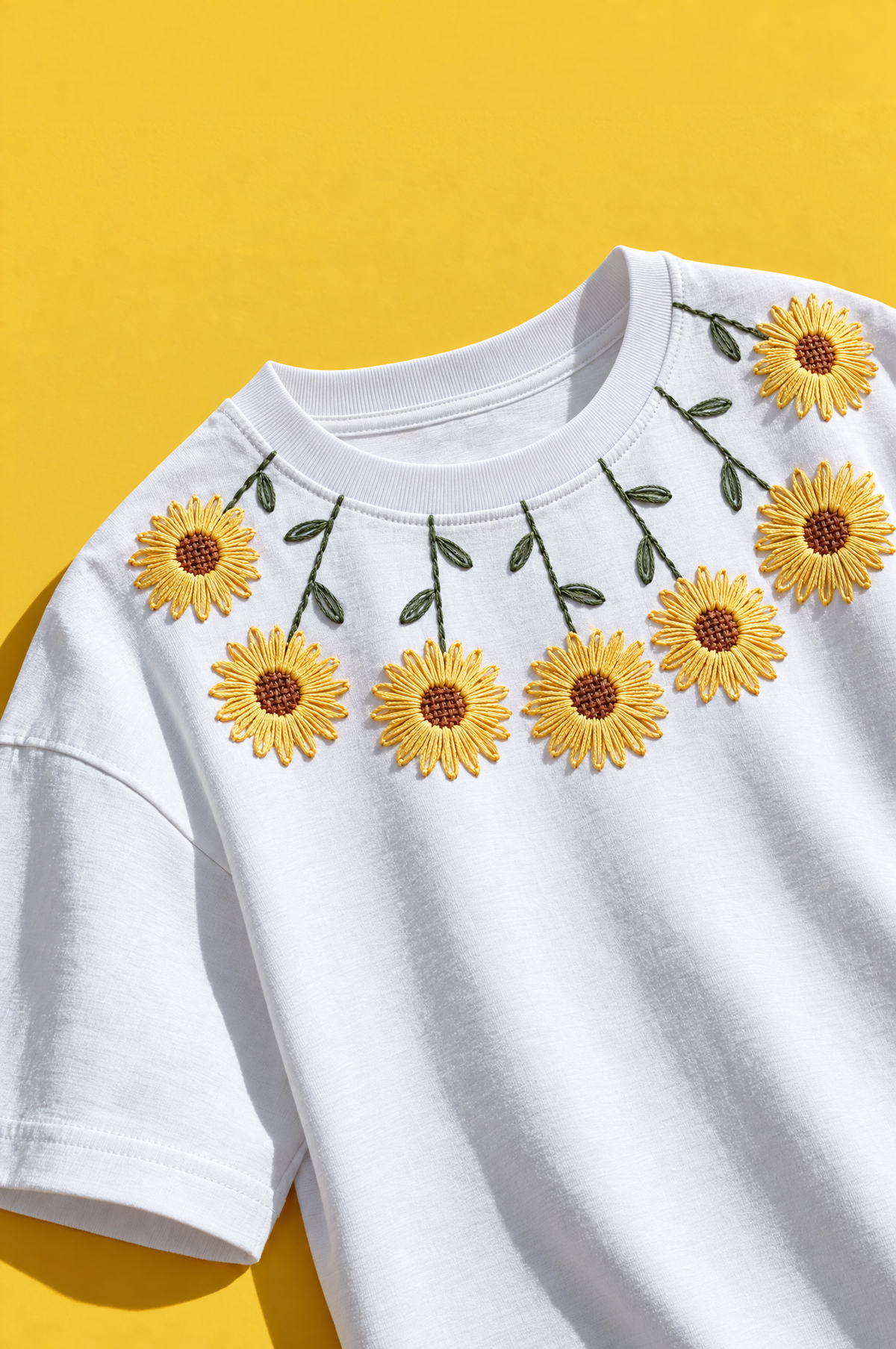 White 220 GSM cotton oversized tee with a hand-embroidered sunflower necklace design, front view