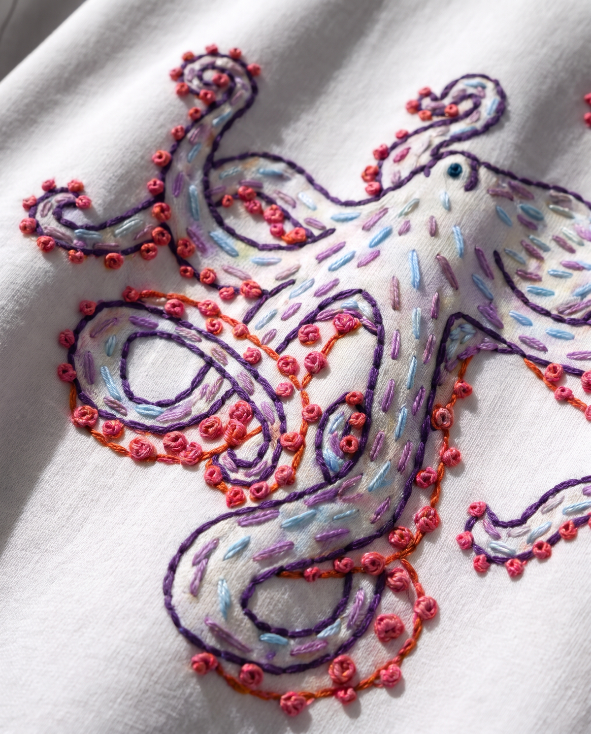 Close-up of hand-embroidered octopus tentacles with raised coral French knot suckers on white cotton