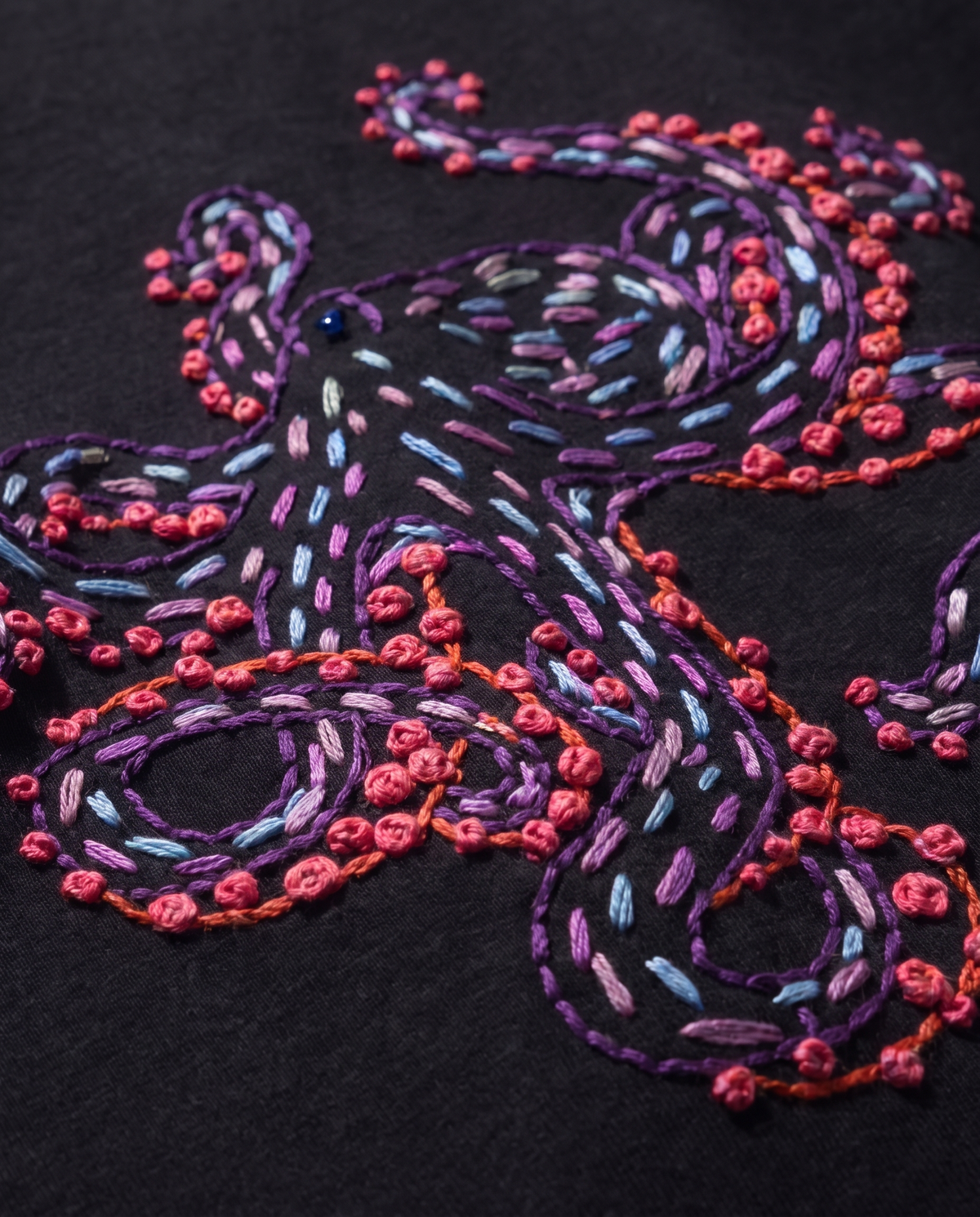 Close-up of octopus embroidery on black cotton with running stitch fill, chain-stitch outline and coral French knots