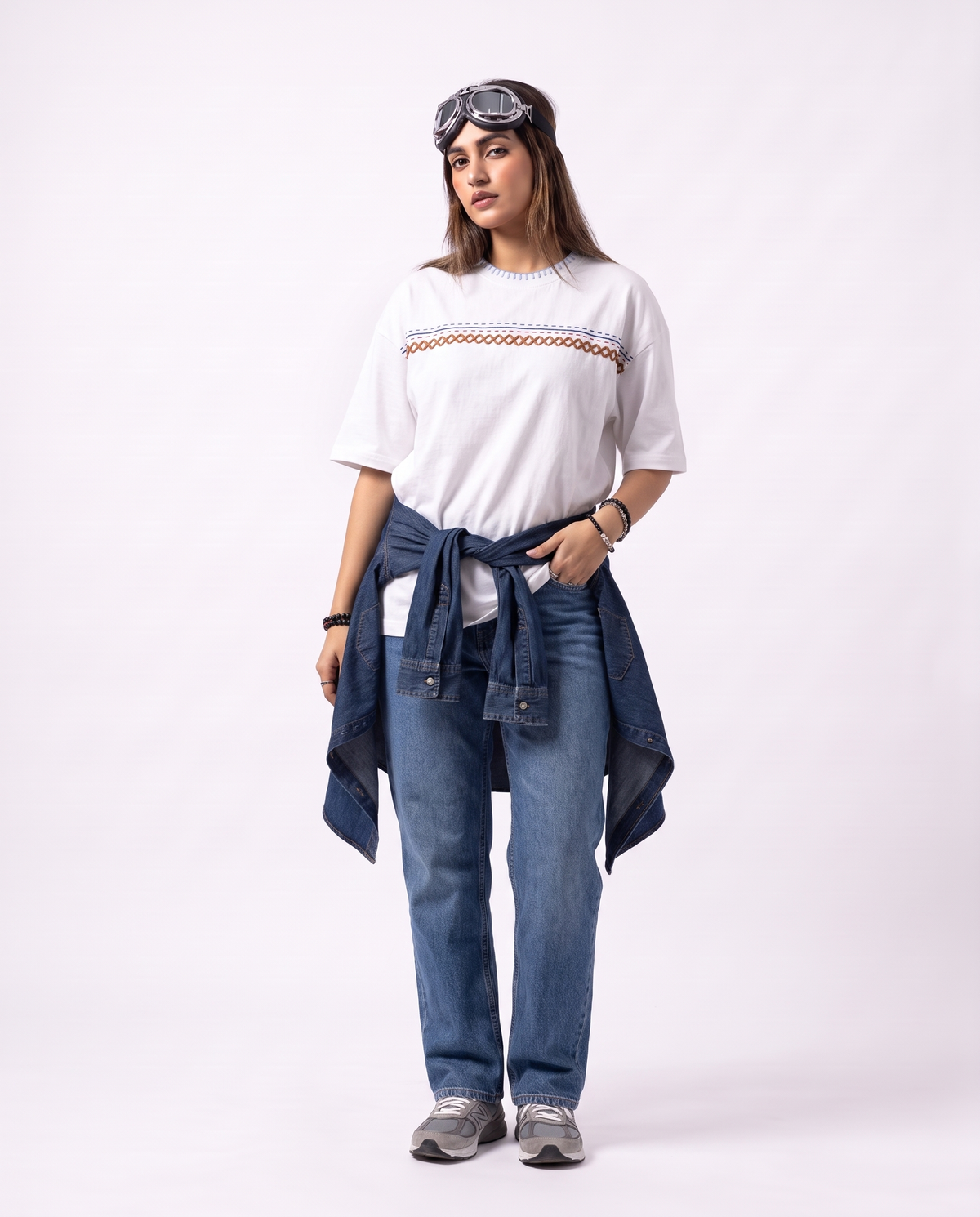 Taanka Kantha Hand-Embroidered Oversized T-Shirt, White