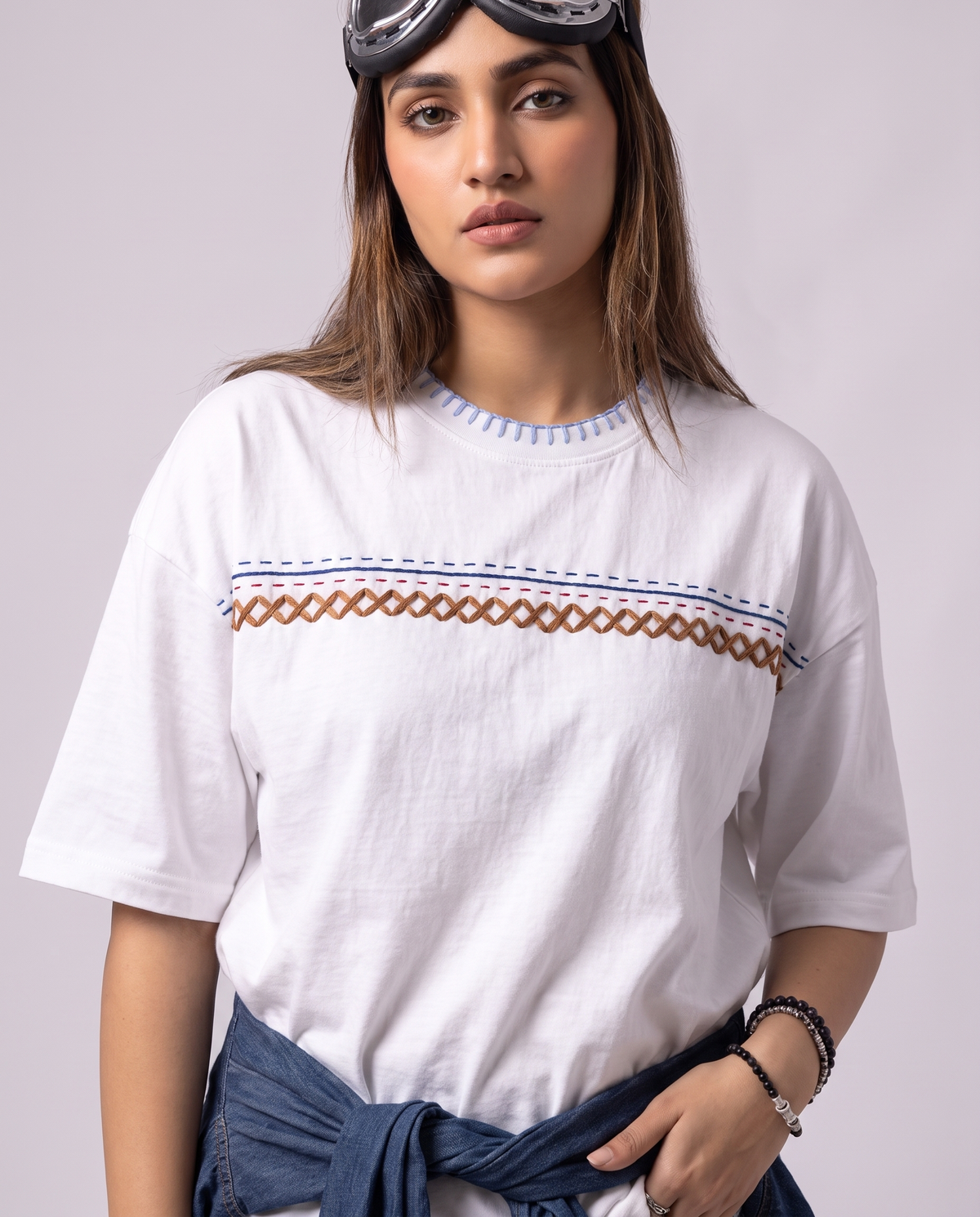 Taanka Kantha Hand-Embroidered Oversized T-Shirt, White