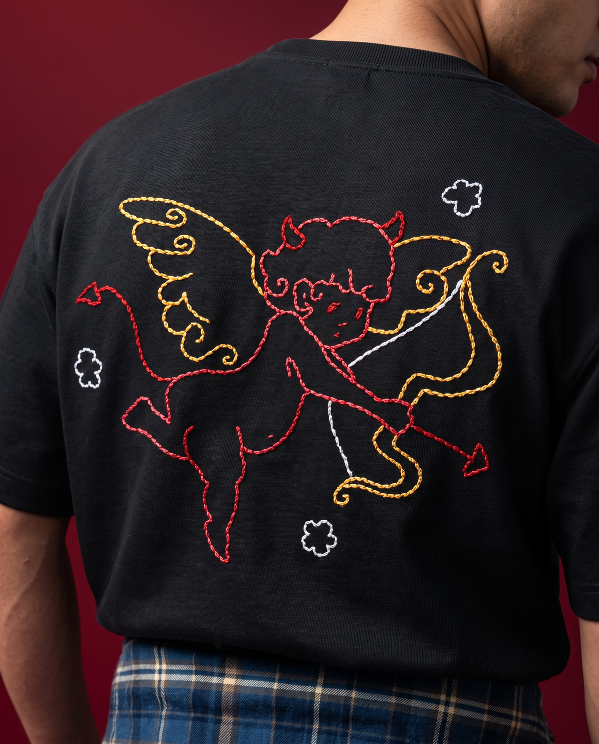 Devil Cupid Hand-Embroidered Oversized T-Shirt, Black