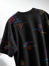 Cross stitch hand embroidered black oversized t-shirt with multicolour stitching across the front and sleeves