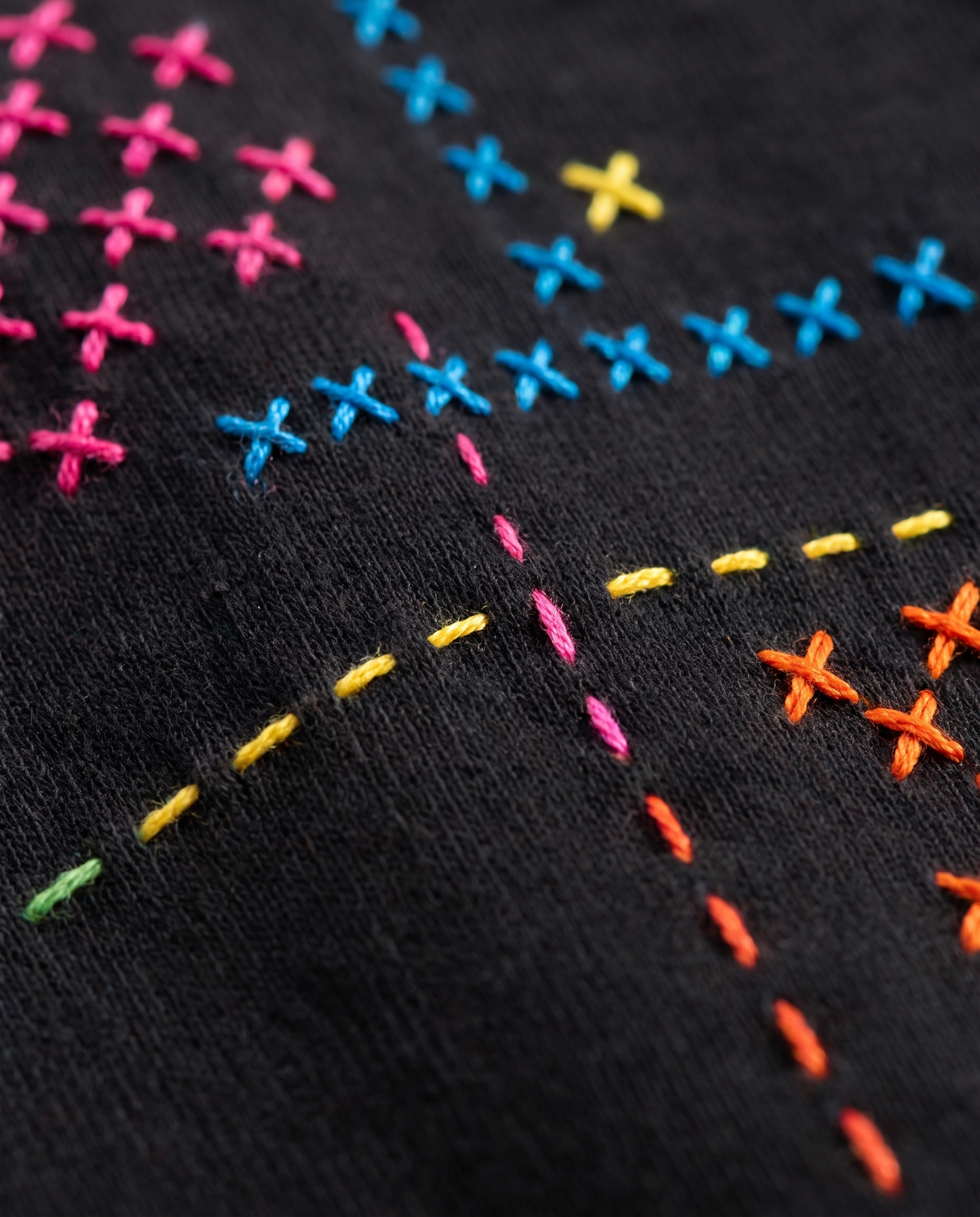 Close-up of pink and blue hand cross stitches on black 220 GSM cotton