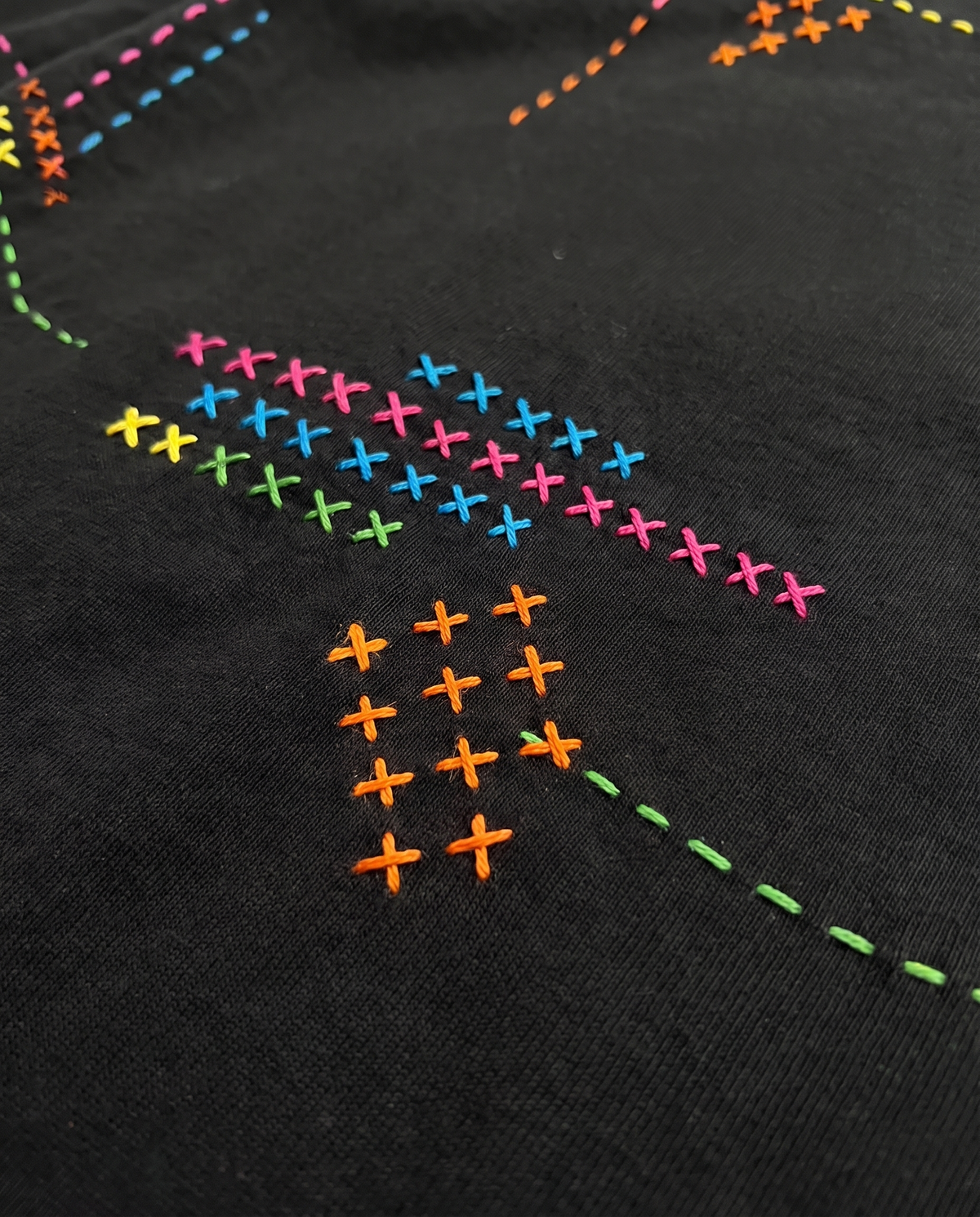 Close-up of colourful running stitch and cross stitch embroidery on a black oversized tee