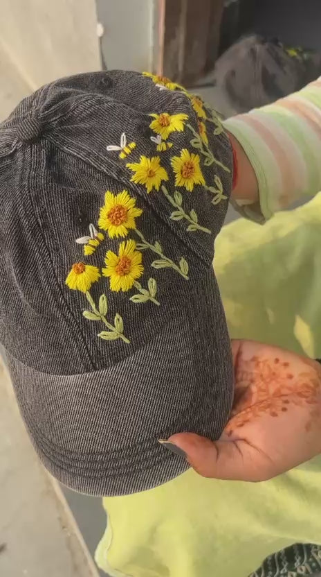 Sunflower field Hand Embroidery Caps