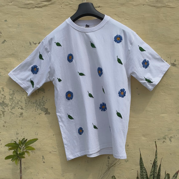 Azure Bloom Hand-Embroidered Oversized Tee (Unisex)