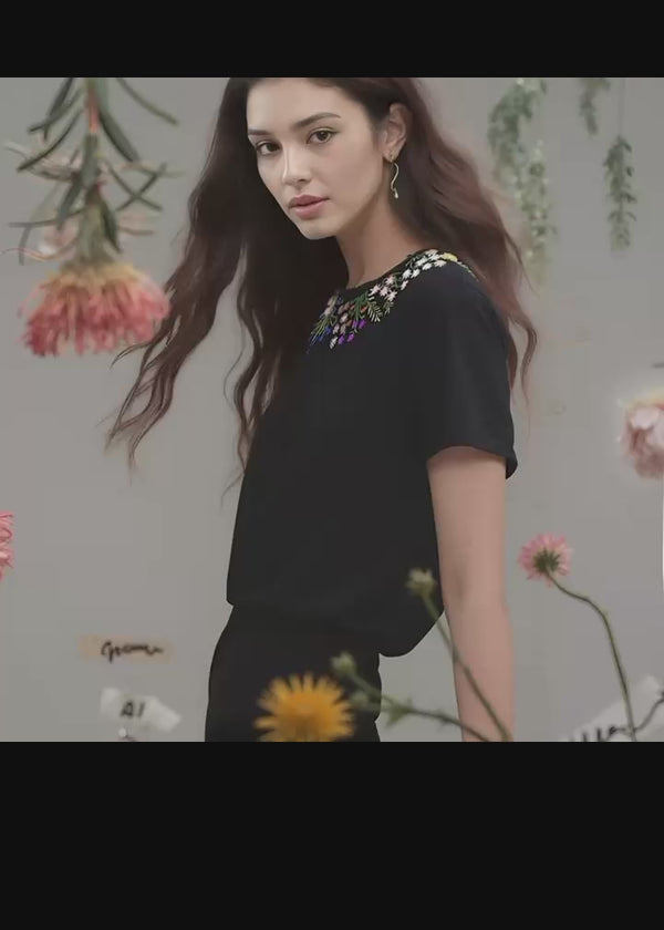 Noir Flora – Black Floral Hand-Embroidered T-Shirt for Women
