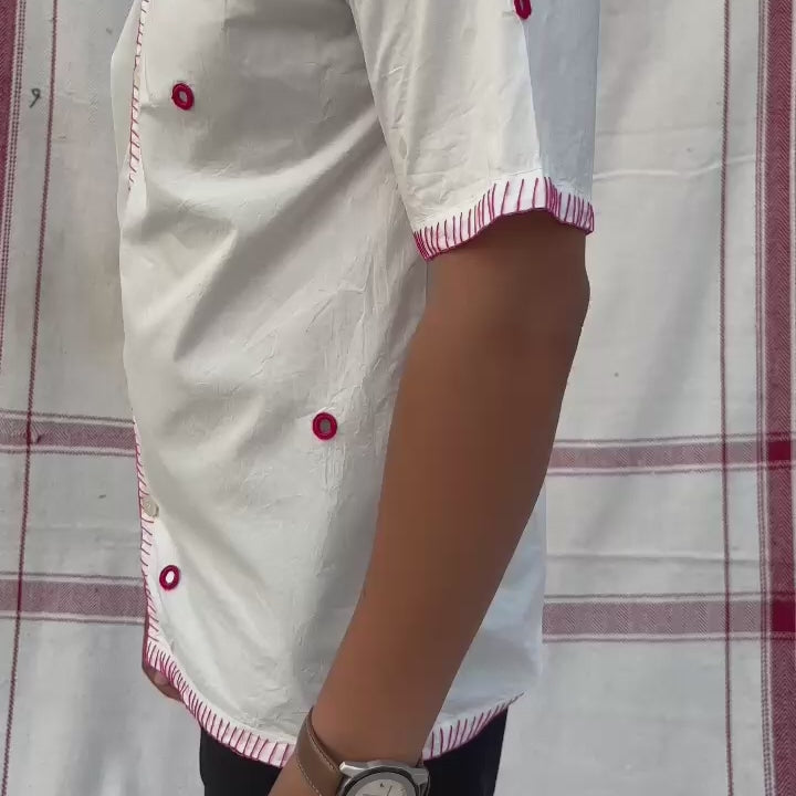 white hand embroidered shirt with mirror work for men, made from cotton with Cuban collar and relaxed fit – Indian artisanal clothing