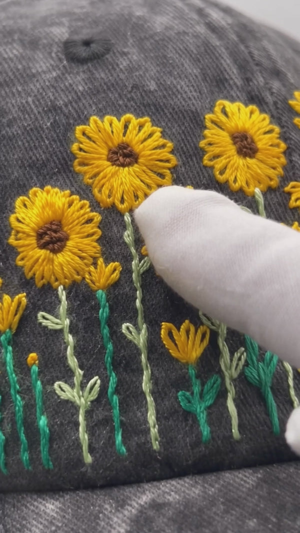 Sunflower Meadow Hand-Embroidered Cap in Acid-Wash Denim